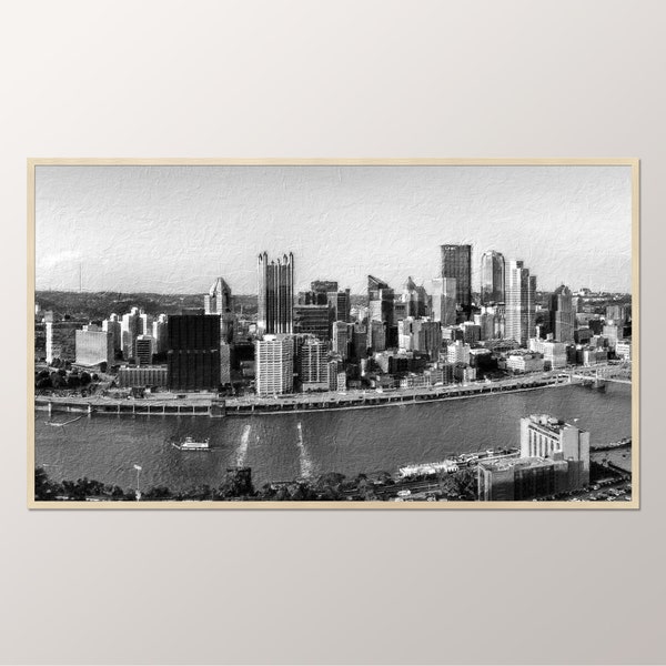 Pittsburgh City View, Frame TV Art, Black White Photo Pittsburgh Pennsylvania, Digital Download Frame Art TV, Digital Painting Landscape