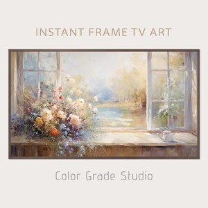 コテージの窓からの眺めをフレームに収めたテレビアート、春の花々（デジタルダウンロード）