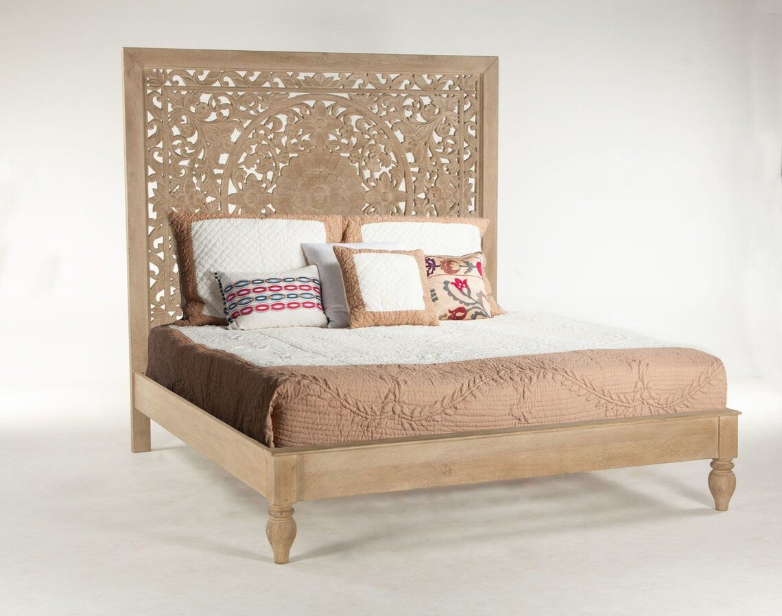 Taj Queen Bed Whitewash Bohemian Queen Size Bed Frame Wooden Etsy