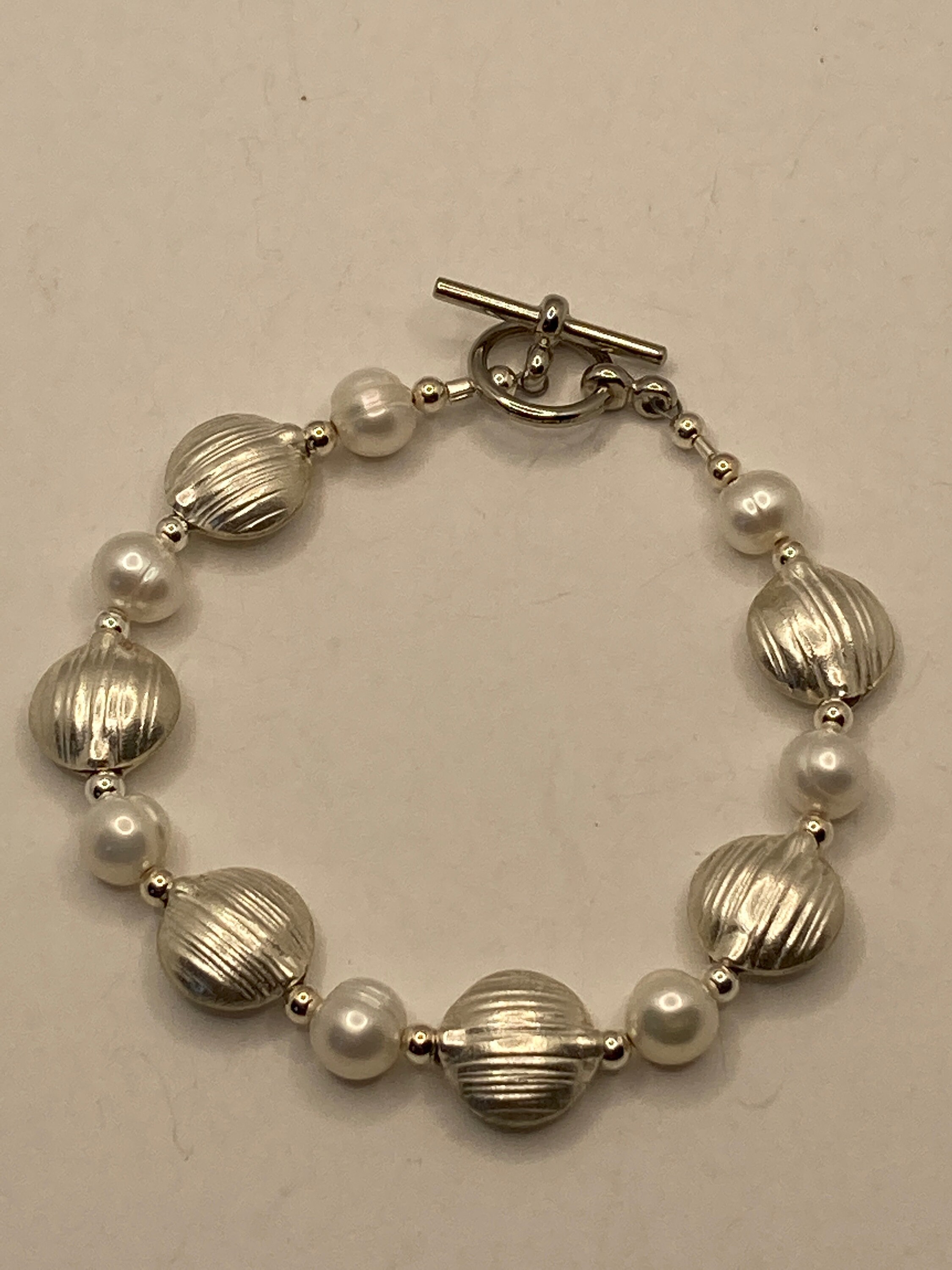 Brushed Sterling Silver and Pearl Bracelet Etsy
