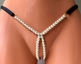 Pearl lingerie T double string thong with ivory glass beads