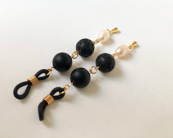 Black onyx > lava stone > cultured pearl beads non-piercing nippie jewelry