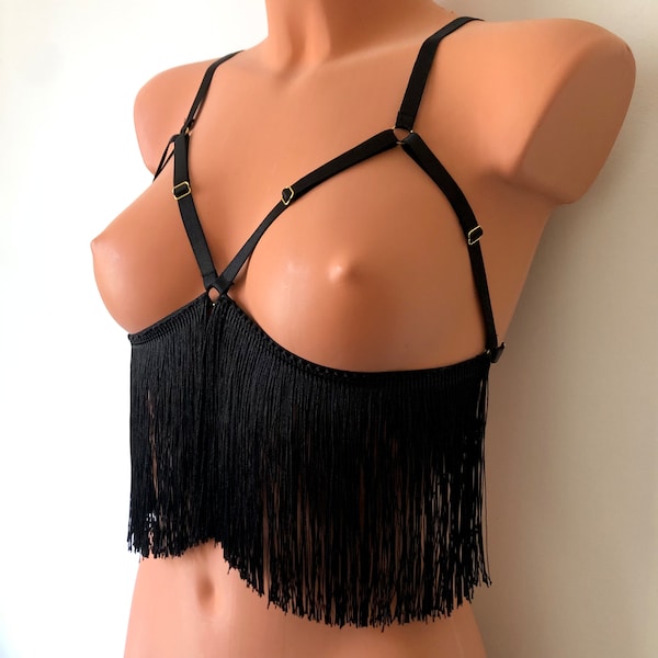 Shimmy fringe cage bra | burlesque triangle bralette | adjustable elastic harness