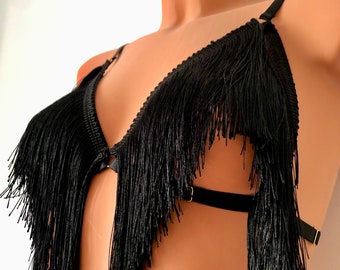 Shimmy fringe no cup cage bra | burlesque triangle bralette | adjustable elastic harness