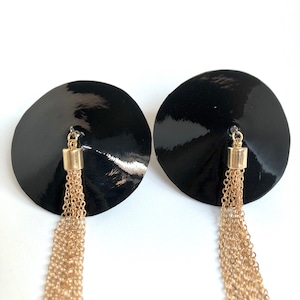 Black glossy patent faux leather burlesque pastie nippie covers with gold chain tassels