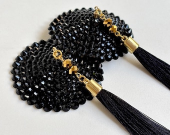 Copricapezzoli in strass con nappe nere e cristalli burlesque
