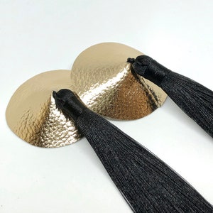 Gold faux leather burlesque pastie nippie covers with thick and long black silk tassels