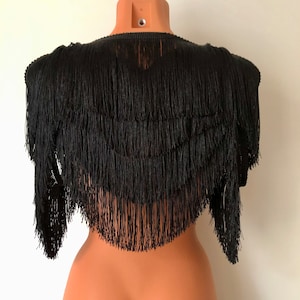 Shimmy fringe shrug bolero capelet | burlesque cape robe jacket | elastic shoulder harness cover up poncho