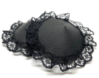 Black faux leather burlesque pastie nippie covers with black lace rim