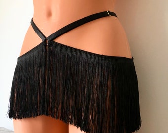 Shimmy fringe belt skirt | burlesque waist harness | adjustable elastic harness