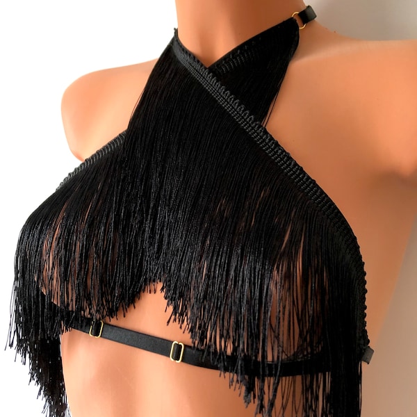 Shimmy fringe twist neck halter top | burlesque cage bra | adjustable elastic harness