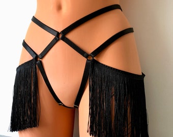 Shimmy fringe cage thong | burlesque high waist hip harness | adjustable elastic harness