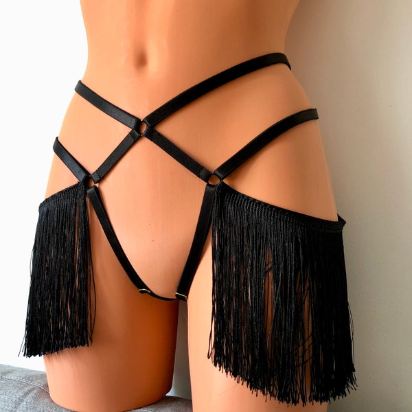 Shimmy fringe cage thong | burlesque high waist hip harness | adjustable elastic harness