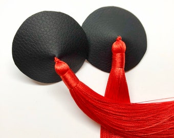 Red tassels black faux leather burlesque pastie nippie covers with thick and long red silk tassels