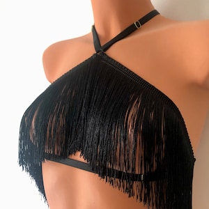Halter-bh met glimmende franjes | burleske bralette kooi | verstelbaar elastisch harnas