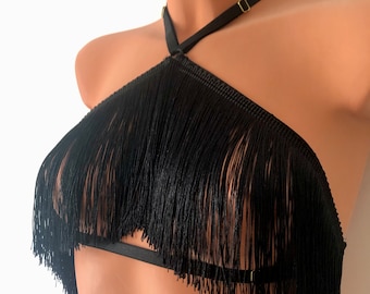 Shimmy fringe halter bra | burlesque cage bralette | adjustable elastic harness