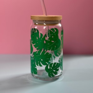 SALE monstera leaf  can glass cup | plant lover iced coffee glass | bamboo lid and glass straw | cups | monstera plant | plant lover gift