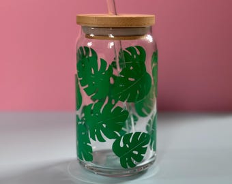 Monstera Leaf Can Glass Cup | Plant Lover Iced Coffee, Bamboo Lid & Glass Straw
