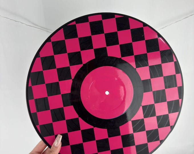 12" Upcycled Vinyl Record Checkered Wall Art | Pink Funky Home Decor