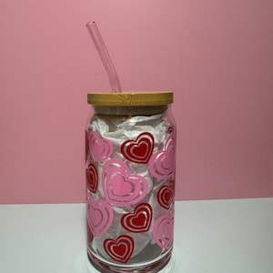 SALE love heart valentines can glass cup | red and pink heart iced coffee cup | bamboo lid and glass straw valentine’s day cup | pink straw
