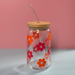 SALE colorful groovy flower  can glass cup | groovy pink and orange iced coffee glass | bamboo lid and glass straw | cups | retro flowers 70