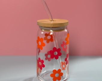 Groovy Flower Can Glass Cup | Retro 70s Iced Coffee Glass With Bamboo Lid