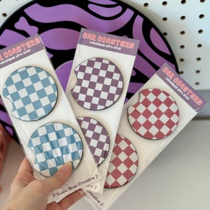 Checkered print car coasters | set of two coasters | trendy car accessories | colorful car coaster | blue pink purple checkered