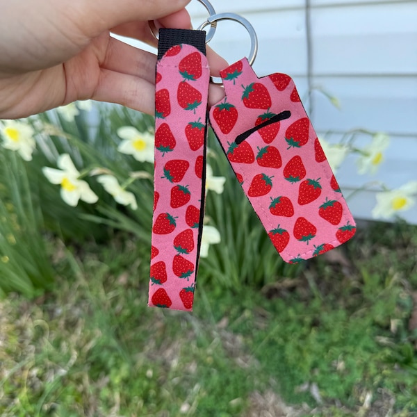 cute strawberry pattern keychain wristlet with chapstick holder | pink strawberry keychain l lip balm holder for keys