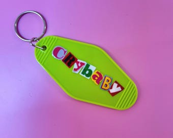 crybaby keychain | motel style keychain | lime green y2k  keychain for crybabies | magazine cutout alternative keychain