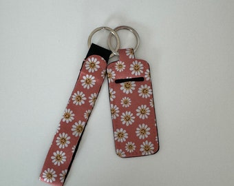 happy flower keychain wristlet with chapstick holder | pink flower keychain l lip balm holder for keys