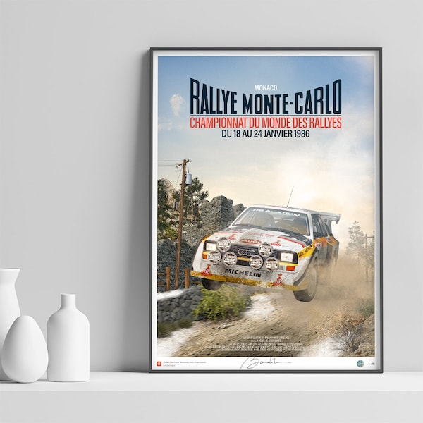 Affiche Audi Quattro S1, rallye Monte-Carlo 1986. Affiche voiture édition limitée, signée et numérotée.