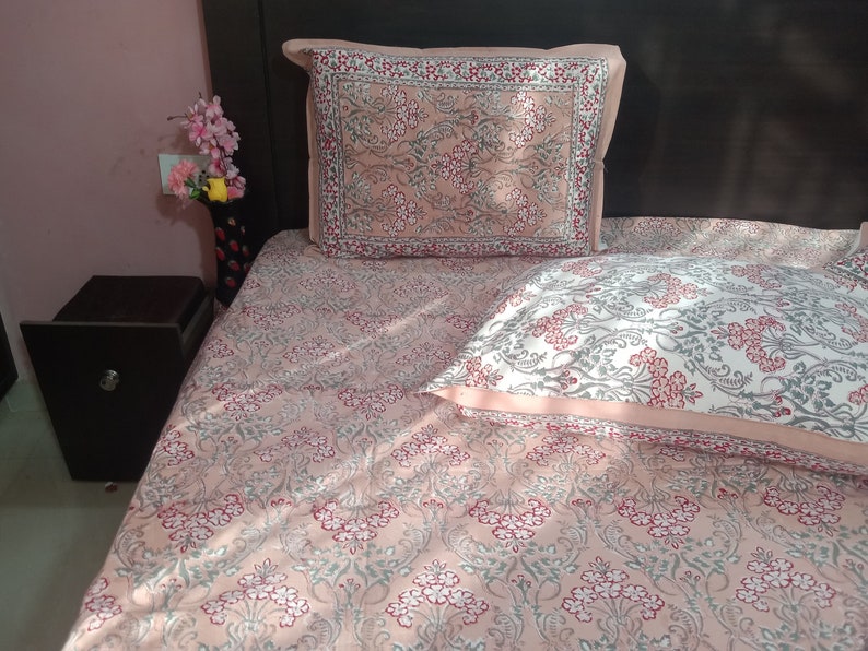 Hand Block Printed Cotton Double Bedsheet 108x108 King Size White Floral with 2 Pillow Covers main image 1