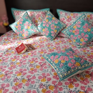 King Size Bedsheet | Double Bedsheet | Hand Block Motif Print Queen Pure Cotton Bedsheet Bed Cover Boho Soft Bedsheet