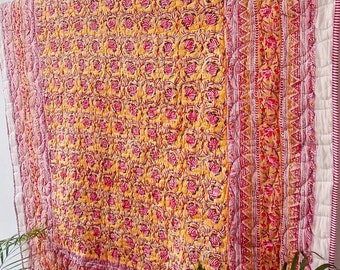 Jaipuri Block Print Quilt impreso reversible Razai algodón hecho a mano edredón floral, Jaipuri razai, edredón de colcha, 100% hecho a mano