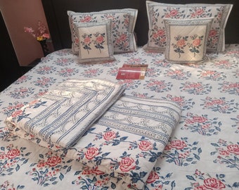 Juego de sábanas de algodón hechas a mano de la India con 2 fundas de almohada, colcha con estampado de bloques a mano, manta reversible, colcha Jaipuri