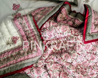 Indian Jaipuri Block Print Quilt Printed Reversible Razai Cotton Handmade Floral Quilt, Jaipuri razai , Bedspread Comforter , 100% Handmade