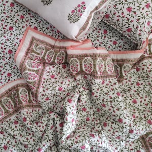 Hand Block Print Quilt Floral Light Base, Soft Quality Quilt, Ultra Warm Quilt Heavier and Thicker, Georgios Hand Stitching Quilt