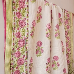 Block printed Reversible Quilt Soft Cotton , Quilt Hand Block Print Quilt , Floral Print Soft Cotton Quilt , winter blanket