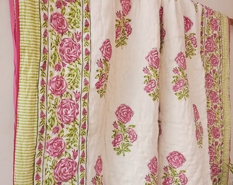 Edredón reversible con estampado de bloques de algodón suave, edredón con estampado de bloques a mano, edredón de algodón suave con estampado floral, manta de invierno