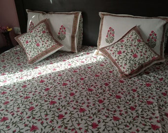 100 % cotton block printed bedsheet , Jaipuri Floral printed handmade bedsheet , Bed cover , King size bedspread , boho bedding