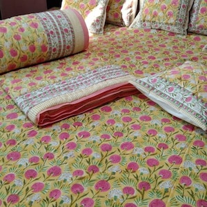 Block printed Reversible Quilt Soft Cotton , Quilt Hand Block Print Quilt , Floral Print Soft Cotton Quilt , winter blanket