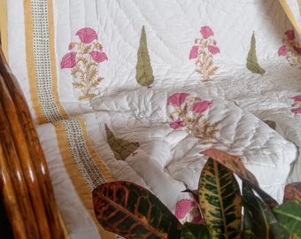 Handmade Indian Jaipuri Block Print Quilt ,  Printed Reversible Razai , Cotton Handmade Floral Quilt, Jaipuri razai ,Boho quilt