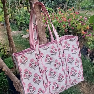 Quilted Cotton Handprinted Reversible Large multicolor Floral Tote Bag Eco friendly Sustainable Sturdy Grocery Shopping Handmade Boho bag