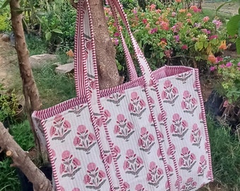 Quilted Cotton Handprinted Reversible Large multicolor Floral Tote Bag Eco friendly Sustainable Sturdy Grocery Shopping Handmade Boho bag