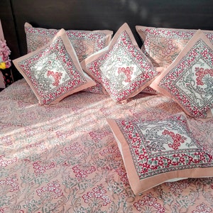 Hand Block Print King Size White Floral Bedsheet Set with Pillow Covers, 100% Organic Cotton Bedsheet, Double Bedding Set/Floral Bedspread,