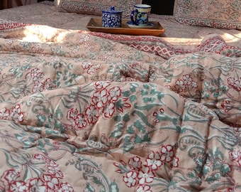 Estampado floral bohemio jaipuri razai, edredón liviano, edredón reversible estampado a mano con 2 fundas de almohada, regalo de Pascua, envío gratis