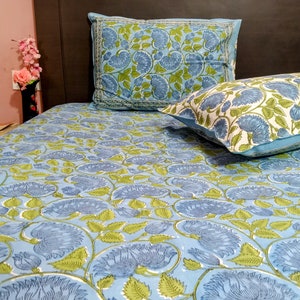 Indian Jaipuri Hand Block Printed Queen Size Flat Bed Sheet + 2 Pillow Covers Set, Floral Design, 100% Organic Cotton Flat Sheet vintage