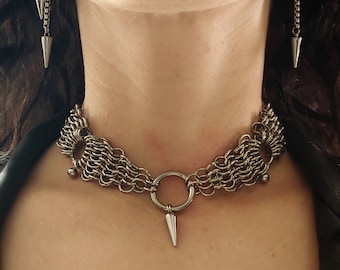 Cherrie Choker - Stainless Steel Chainmail Choker with Spike Charm