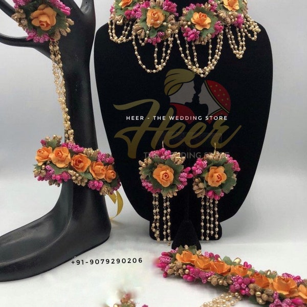 Mehndi Mustard Floral Jewellery Set, Pearl Floral Set, Jewellery, Flower Jewellery