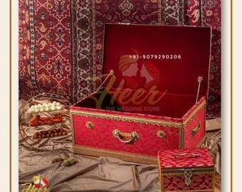 Rich Silk Red Brocket Trousseau Trunk with Chooda, Kaleera box by Heer